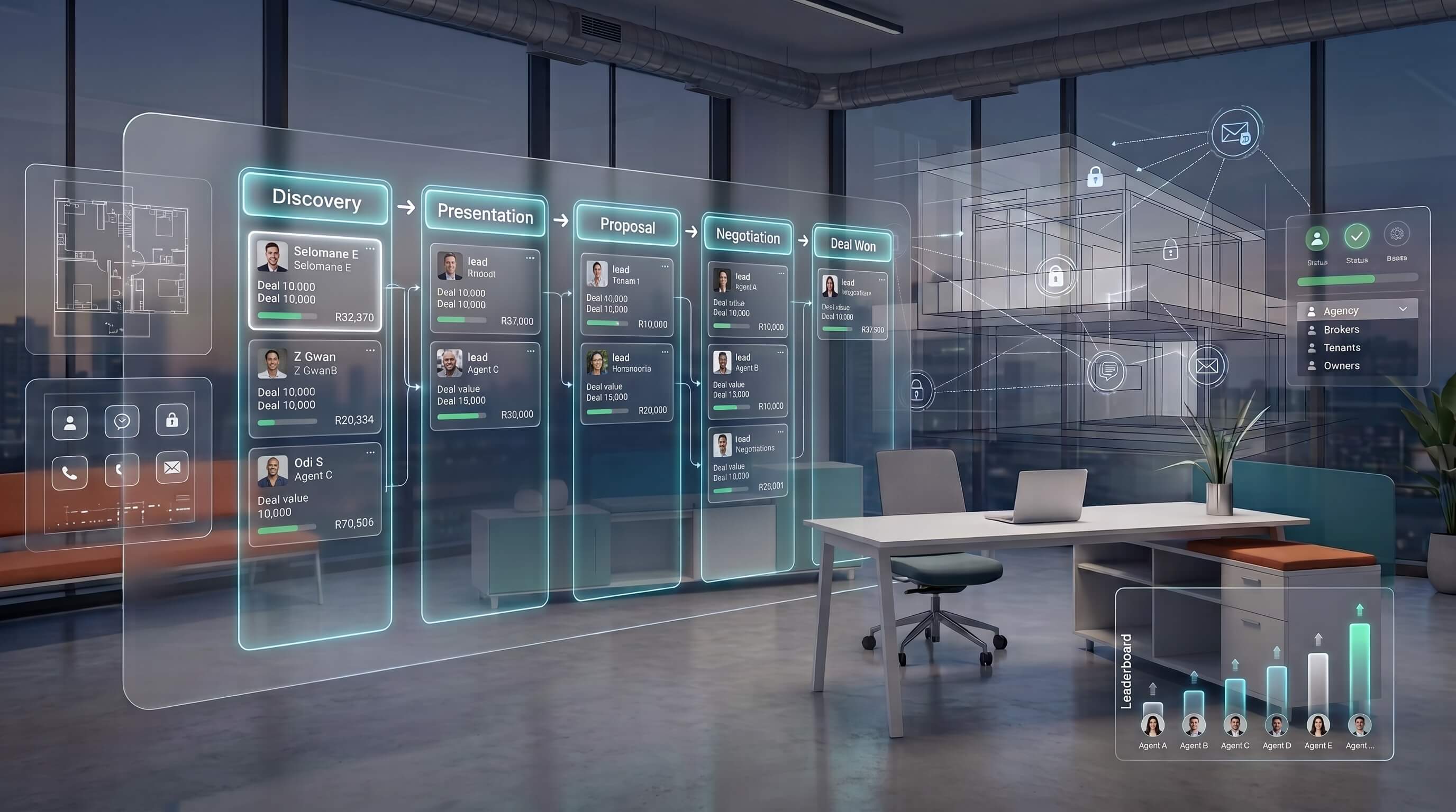 Capture leads, assign brokers, and move opportunities through a structured deal pipeline.